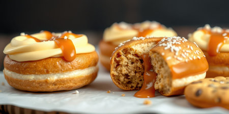 Freshly baked caramel-filled cookies displayed on parchment paper in a cozy kitchen settingの素材