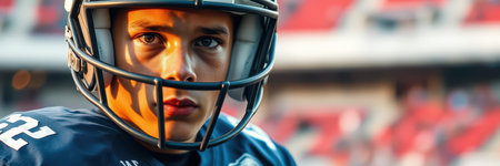 Young football player wearing helmet looks focused before game in stadium at sunset with fans in backgroundの素材