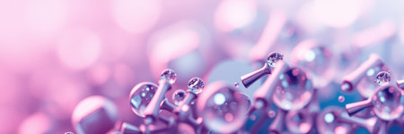 A close-up of shiny, silver spheres connected by thin rods, floating against a soft, purple and pink backgroundの素材