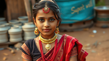 A young girl in India wears a traditional red sari and gold jewelryの素材
