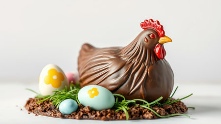 Chocolate hen with colorful eggs nestled in a decorative grass arrangement for Easter celebrationの素材