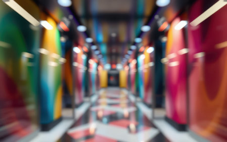 Colorful hallway with vibrant walls in a modern building during the dayの素材