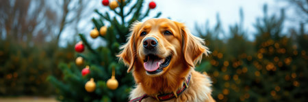 A golden retriever dog, wearing a collar, sits near a Christmas tree adorned with red and gold ornamentsの素材