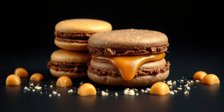 Delightful macarons filled with caramel sauce and chocolate ganache on a dark backgroundの素材