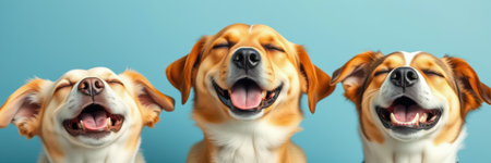 Three dogs, light brown and white, are shown with their mouths open in a joyful expressionの素材