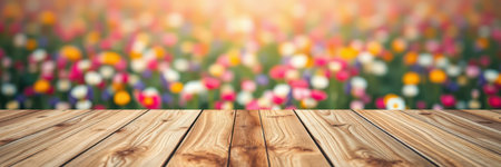 Vibrant flower field with wooden table in foreground during golden hour lightの素材