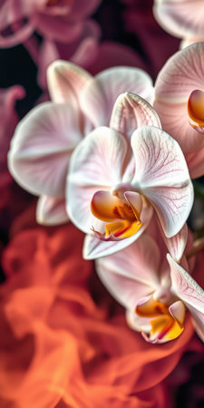 Beautiful white orchids bloom among vibrant red flowers in a close-up view in a garden settingの素材