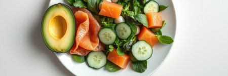 Healthy salad with avocado, smoked salmon, and fresh cucumber on a white plateの素材