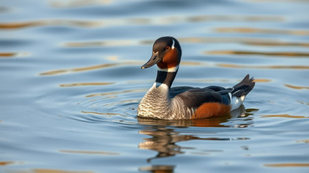 Colorful duck swims gracefully in a calm lake during early morning lightの素材
