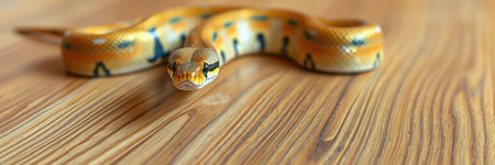 Colorful snake slithers gracefully across a wooden floor in a cozy indoor environmentの素材