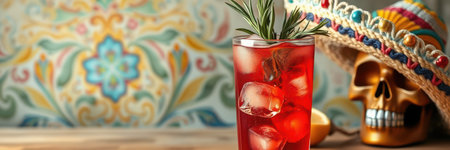 Refreshing cocktail served with ice and garnished with rosemary, placed beside a decorative skull and sombreroの素材