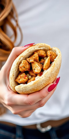 Crispy chicken stuffed arepa held in hand with vibrant red nails in a cozy indoor settingの素材