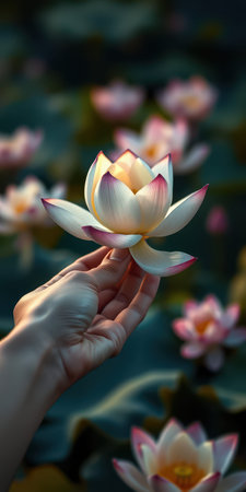 Hand gently holding a blooming lotus flower under soft morning light in a tranquil pond settingの素材