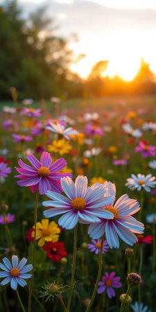 Colorful wildflowers bloom under a radiant sunset in a serene meadow setting during early evening hoursの素材