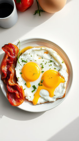 Delicious breakfast plate with sunny side up eggs, crispy bacon, and fresh herbs on a bright tableの素材