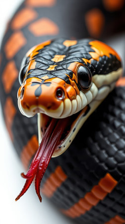 Brightly colored snake displays its tongue and intricate patterns while coiled on a surface during daylightの素材