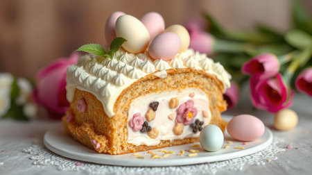 Delightful spring cake decorated with eggs and flowers for a festive celebrationの素材