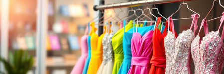 Colorful dresses displayed in boutique highlighting vibrant fashion choices for special occasionsの素材