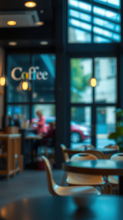 Cozy coffee shop interior with natural light and people enjoying their time during a sunny afternoonの素材