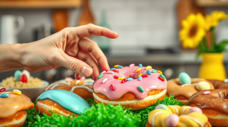 Colorful donuts decorated with icing and sprinkles are displayed on a festive table during a spring celebrationの素材