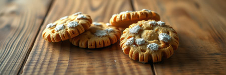 Freshly baked cookies resting on a rustic wooden table, showcasing a delightful texture and sweet icing decorationの素材