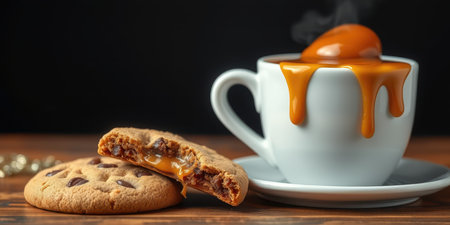Warm cookie paired with a dripping caramel coffee in a cozy settingの素材