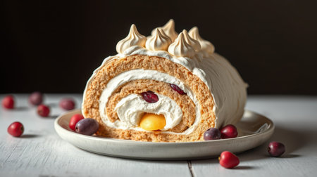 Delicious dessert with layered fruit and cream inside a rolled sponge cake showcased on a simple plateの素材