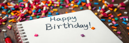 Creative birthday celebration setup with colorful decorations and handwritten messageの素材