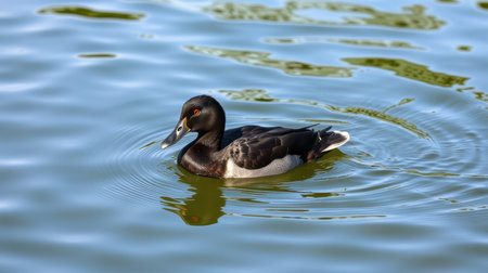 Dark-winged duck swims gracefully in a serene pond surrounded by gentle ripplesの素材