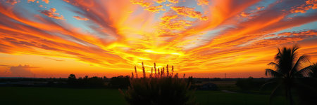 The sun dips below the horizon, casting a breathtaking spectacle of orange and blue across the skyの素材