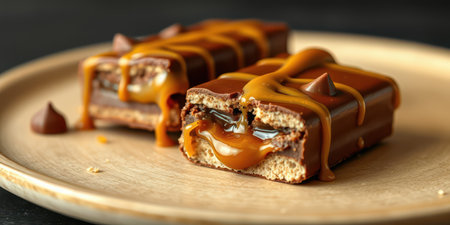 Delicious dessert bars drizzled with caramel and chocolate on a wooden plateの素材