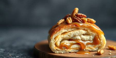 Delicious caramel-filled pastry topped with nuts on a wooden plateの素材