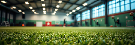 Indoor soccer training session in a facility with bright windows and green turf during the dayの素材