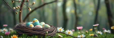 Nest filled with colorful Easter eggs surrounded by blooming flowers in a serene forest settingの素材
