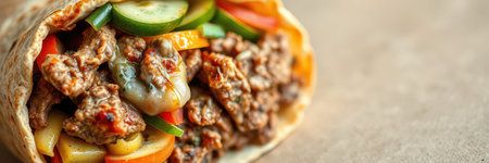 Delicious beef wrap filled with fresh vegetables and savory flavors served on a warm tortillaの素材