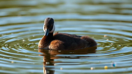 Brown duck swimming peacefully in a calm pond during the late afternoon lightの素材