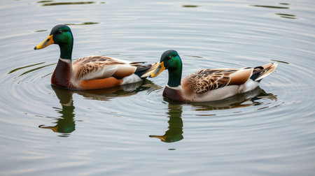 Ducks swim gracefully in a serene pond during early morning hours in a natural settingの素材