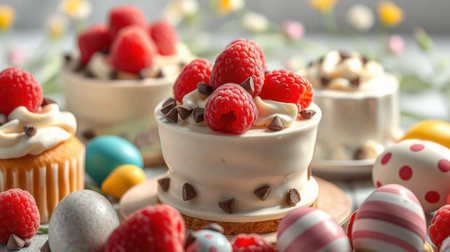 Colorful dessert display featuring raspberry-topped cakes and Easter eggs during spring celebrationの素材