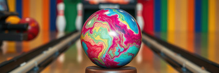 Colorful bowling ball placed on the lane at a vibrant bowling alleyの素材