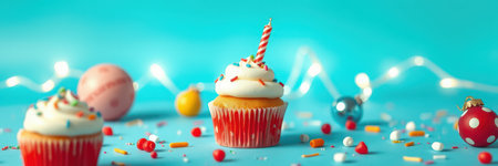 Colorful cupcakes and festive decorations on a blue background for a celebrationの素材