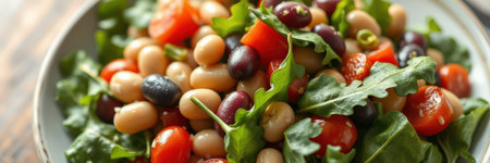 Fresh mixed bean salad with cherry tomatoes and leafy greens served in a bowlの素材