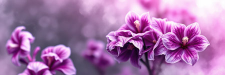 Vibrant purple flowers bloom in a soft, blurred garden background during a sunny afternoonの素材