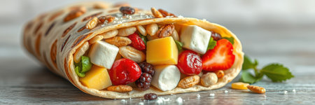 Tasty wrap filled with fresh fruits, nuts, and seeds on a light wooden backgroundの素材