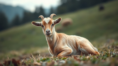 Cute young goat resting on green grass in a serene landscape during daylightの素材