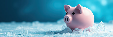 Pink piggy bank surrounded by ice on blue background creates a striking visual of savings and financial planning in winterの素材