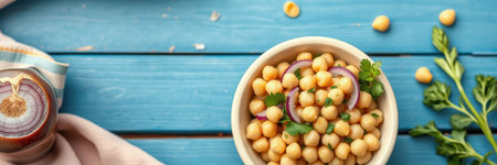 Fresh chickpea salad with onions and herbs on a blue wooden tableの素材
