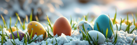 Colorful Easter eggs nestled in grass and snow during springtime morning lightの素材