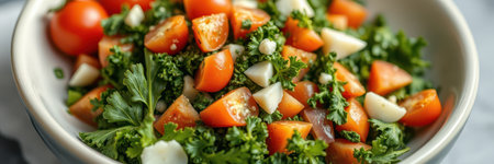 Fresh salad with tomatoes and herbs served in a bowl at a dining table in a bright kitchen settingの素材