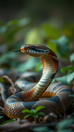 Colorful snake coiling in lush undergrowth during daylight hours in a tropical environmentの素材