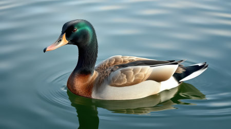 Male duck swimming gracefully in calm water during a sunny day in a serene natural settingの素材